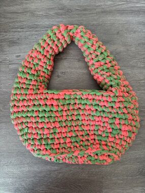 Large Handmade Pink & Green Crochet Shoulder Bag